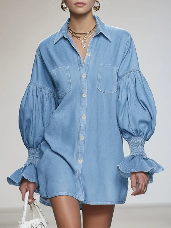 Lapel Collar Single-breasted Dropped-shoulder Puff-sleeved Denim Mini Dress sold by Oyrosy