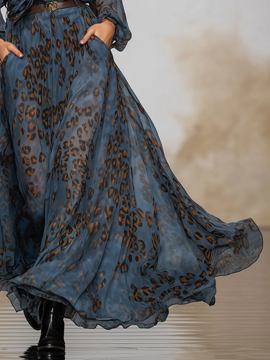 Fashionable Retro Long-sleeved Leopard Print Dark Blue Chiffon Maxi Dress sold by Oyrosy product image thumbnail 4