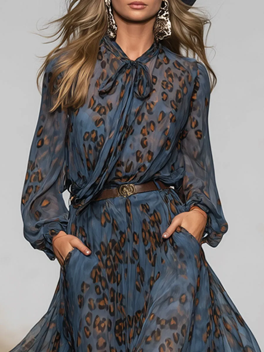 Fashionable Retro Long-sleeved Leopard Print Dark Blue Chiffon Maxi Dress sold by Oyrosy product image thumbnail 3