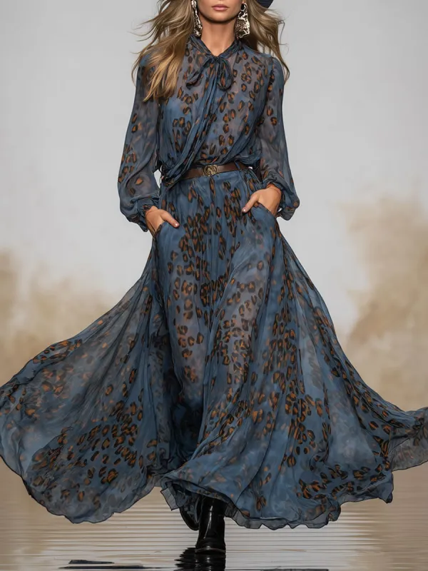 Fashionable Retro Long-sleeved Leopard Print Dark Blue Chiffon Maxi Dress sold by Oyrosy