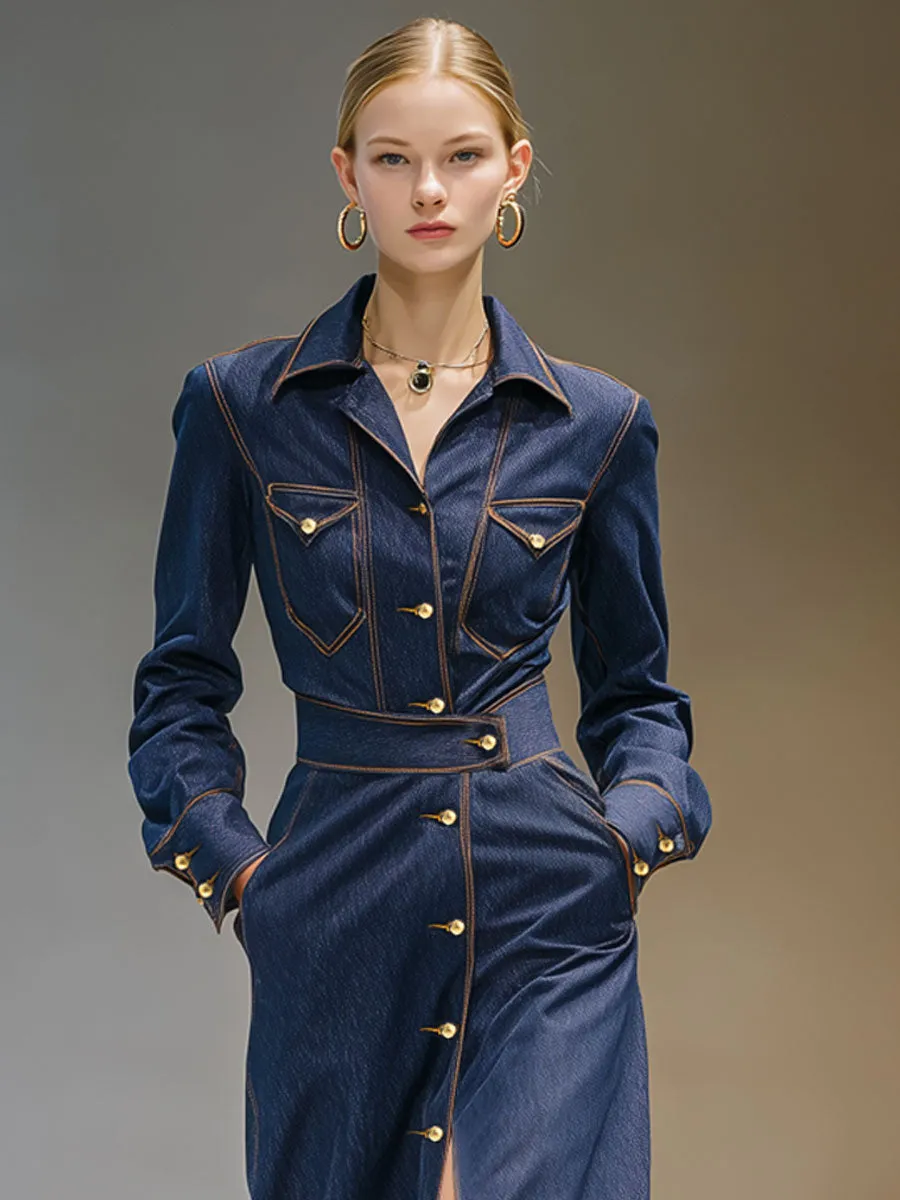 Fashionable Retro Long-sleeved Dark Blue Denim Cardigan Midi Dress sold by Oyrosy product image thumbnail 3