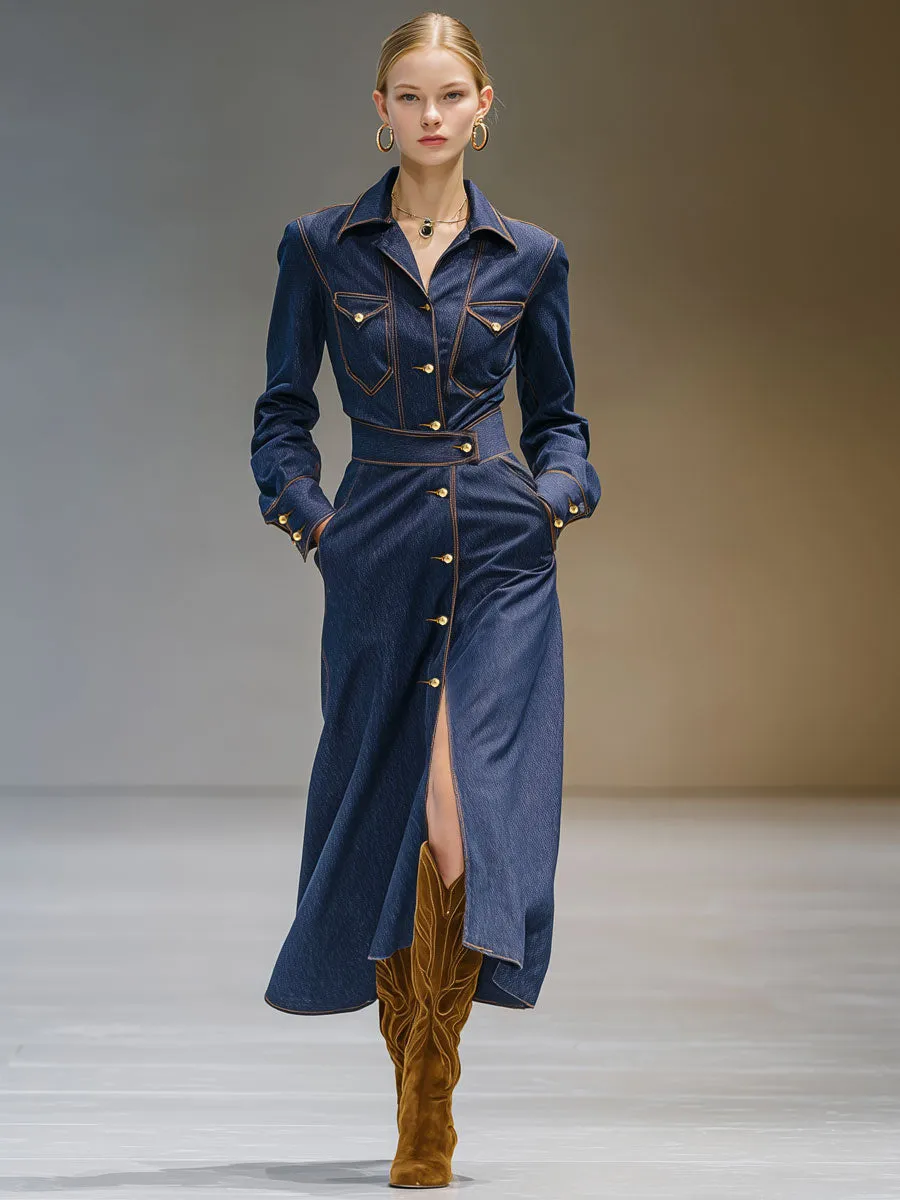 Fashionable Retro Long-sleeved Dark Blue Denim Cardigan Midi Dress sold by Oyrosy product image thumbnail 2