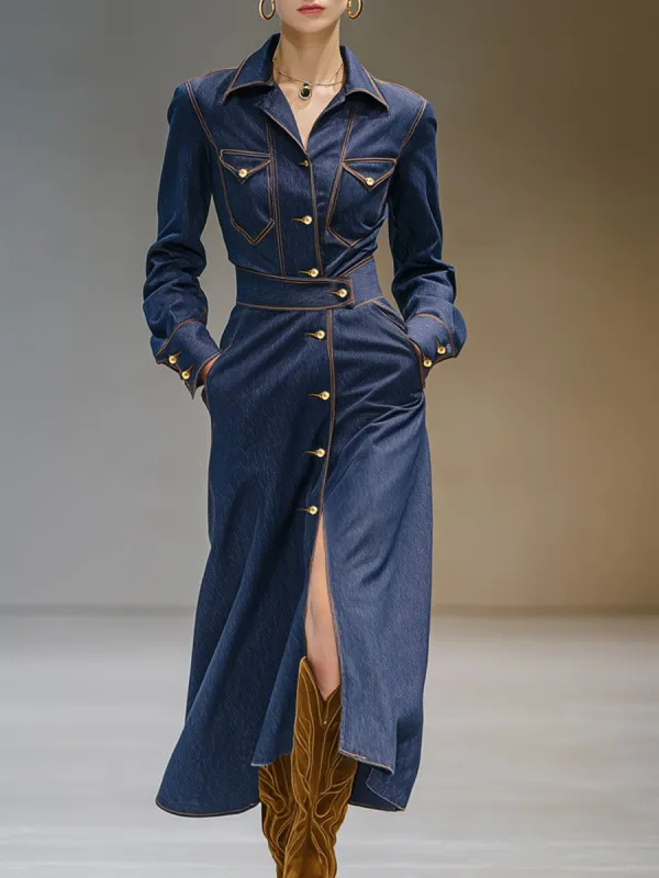 Fashionable Retro Long-sleeved Dark Blue Denim Cardigan Midi Dress sold by Oyrosy