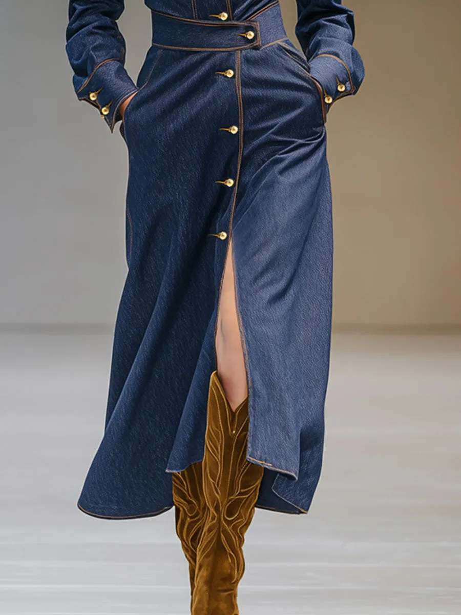 Fashionable Retro Long-sleeved Dark Blue Denim Cardigan Midi Dress sold by Oyrosy product image thumbnail 4