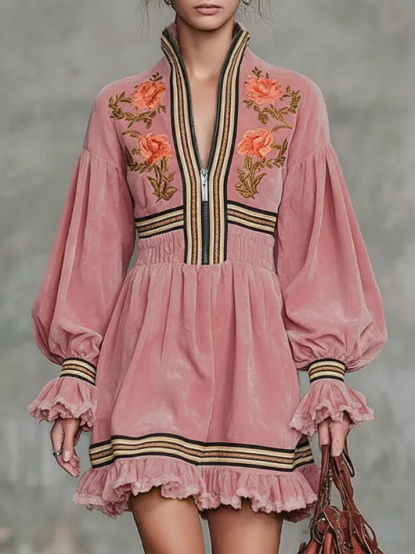 Western-style Floral Embroidered Stand-collar Zippered Ruffle Faux Suede Mini Dress sold by Oyrosy