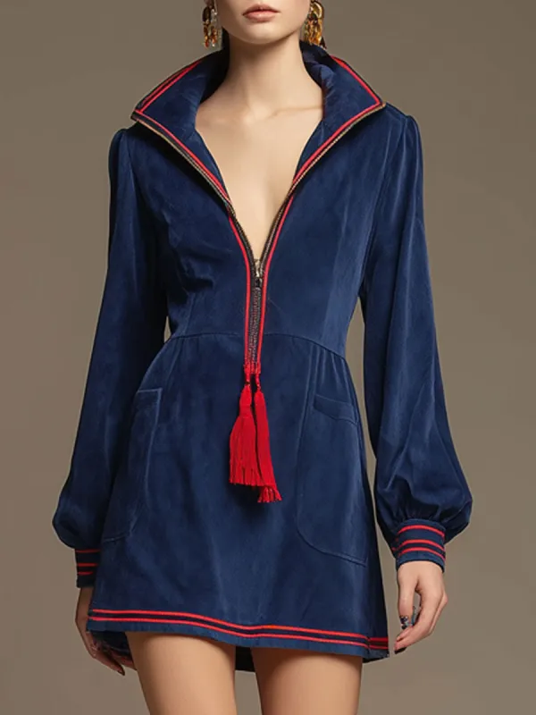 Western-style Retro Woven Ribbon Tassel Royal Blue Faux Suede Long-sleeved Mini Dress sold by Oyrosy