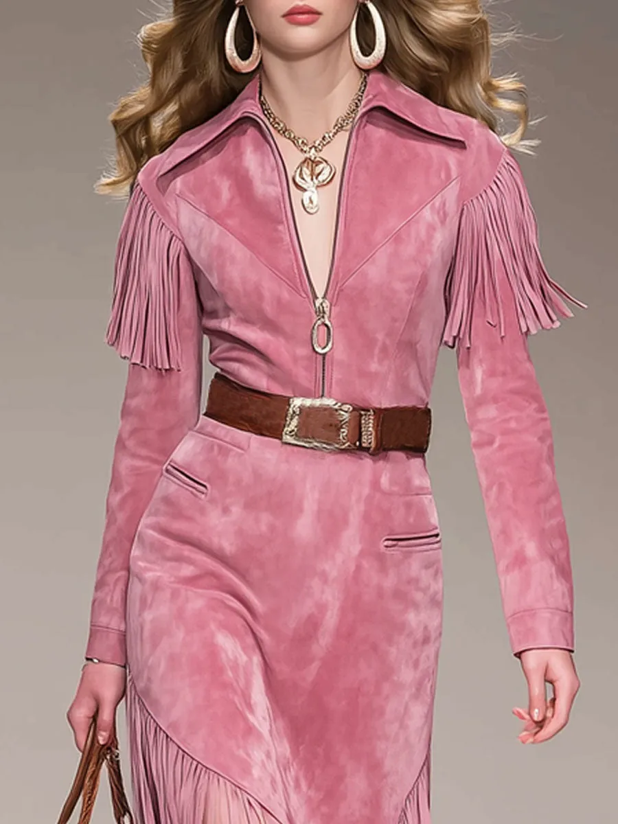 Western Retro Tassel Pink Faux Suede Long-Sleeved Midi Dress sold by Oyrosy product image thumbnail 3
