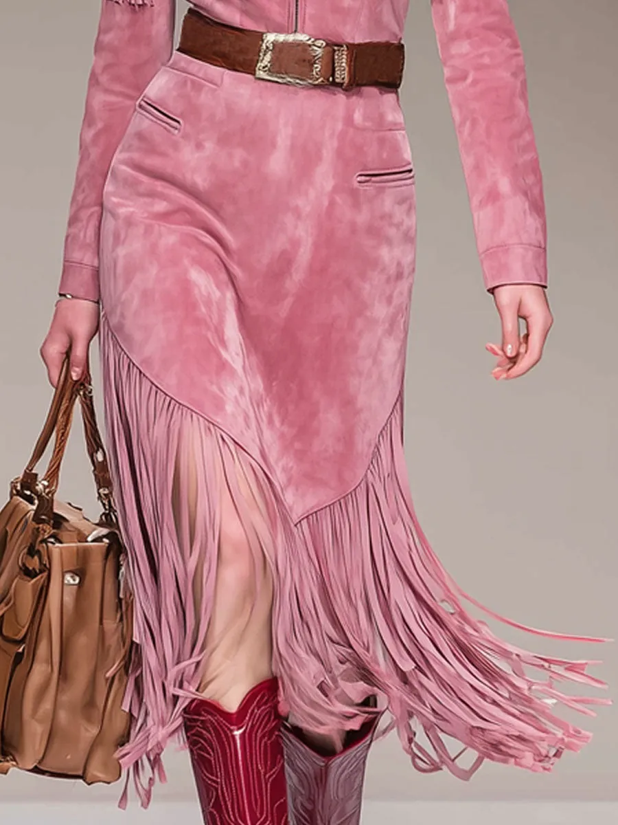 Western Retro Tassel Pink Faux Suede Long-Sleeved Midi Dress sold by Oyrosy product image thumbnail 4