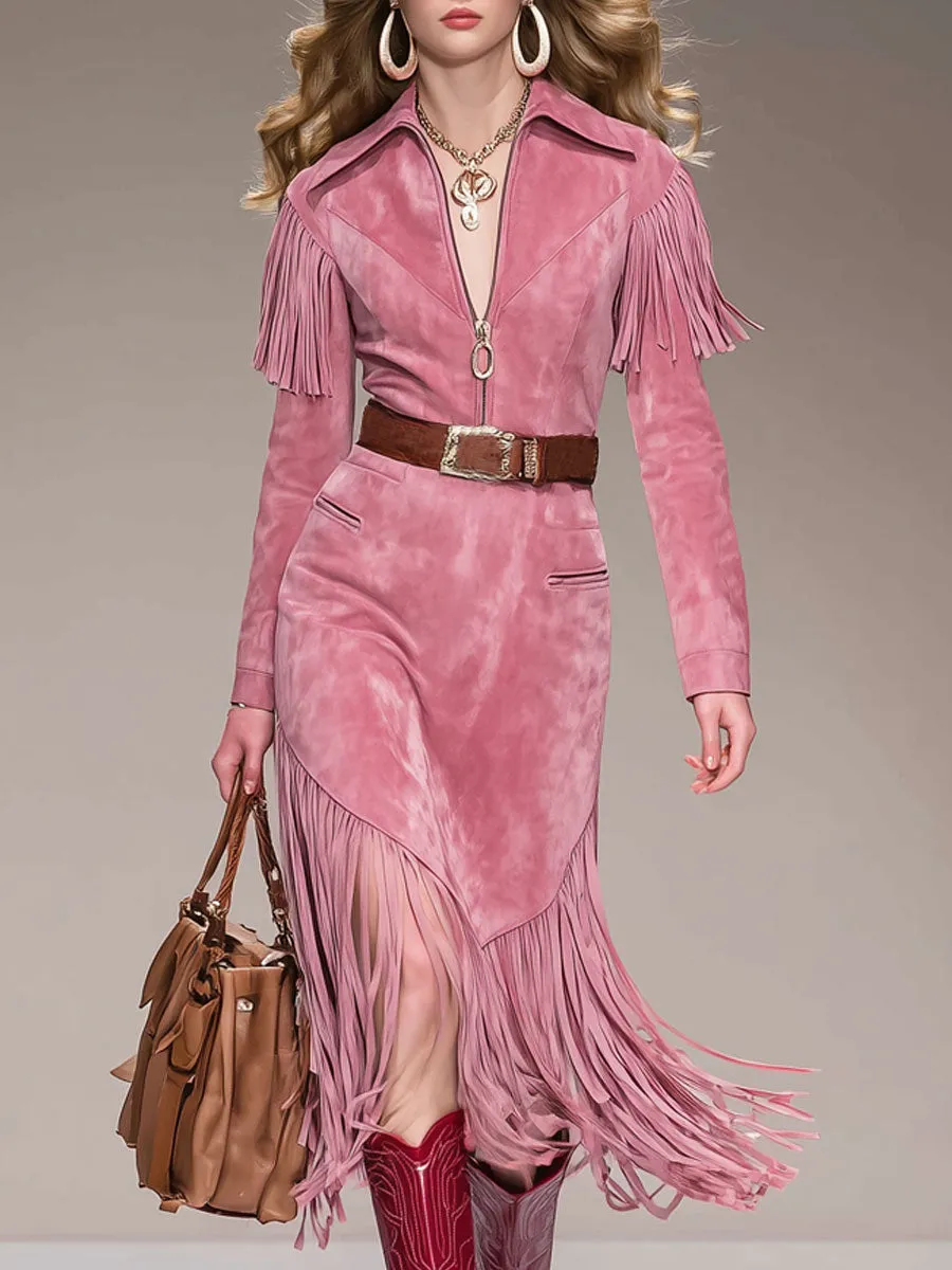 Western Retro Tassel Pink Faux Suede Long-Sleeved Midi Dress sold by Oyrosy