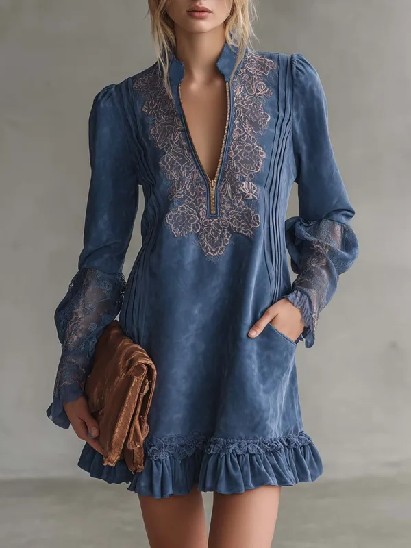 Vintage Exquisite Western Embroidered V-neck Front Zip Ruffled Hem Blue Suede Mini Dress sold by Oyrosy