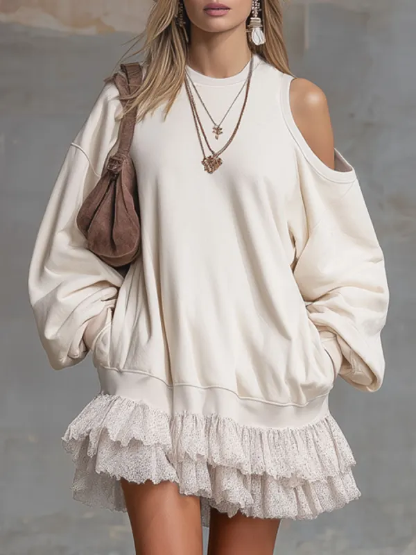 Loose Sporty Round Neck Off-the-shoulder Long-sleeved Mini Dress sold by Oyrosy
