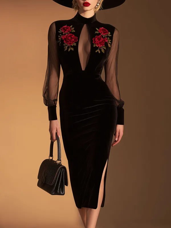 Elegant And Sexy Black Mesh And Velvet Midi Dress sold by Oyrosy