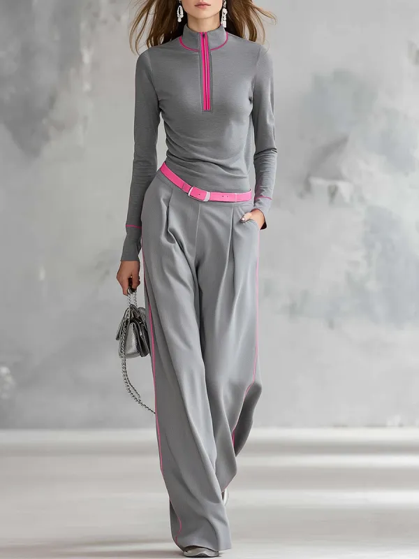 Retro Sporty Color-blocked Zip-up Stand-collar T-shirt And Wide-leg Pants Set sold by Oyrosy