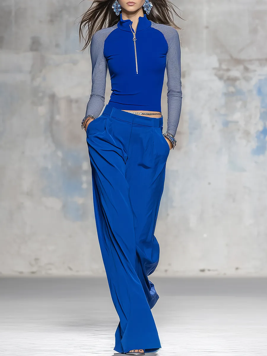 Retro Charming Sporty Color-blocked Stand-collar T-shirt And Wide-leg Pants Set sold by Oyrosy