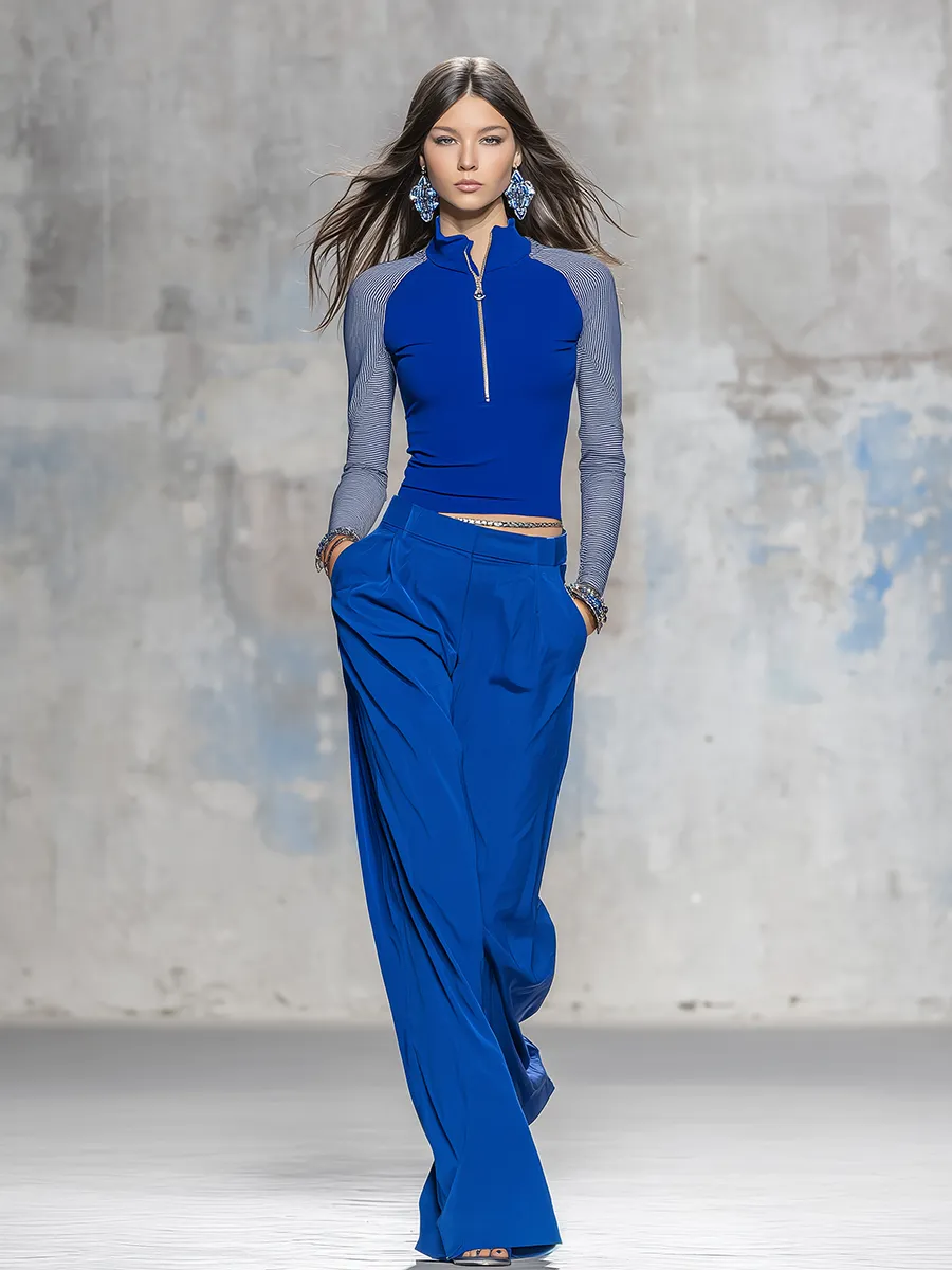 Retro Charming Sporty Color-blocked Stand-collar T-shirt And Wide-leg Pants Set sold by Oyrosy product image thumbnail 2