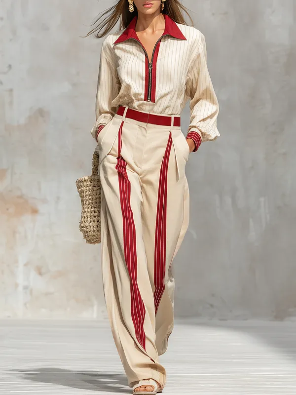 Vintage Charming Striped Shirt And Wide-leg Pants Set sold by Oyrosy