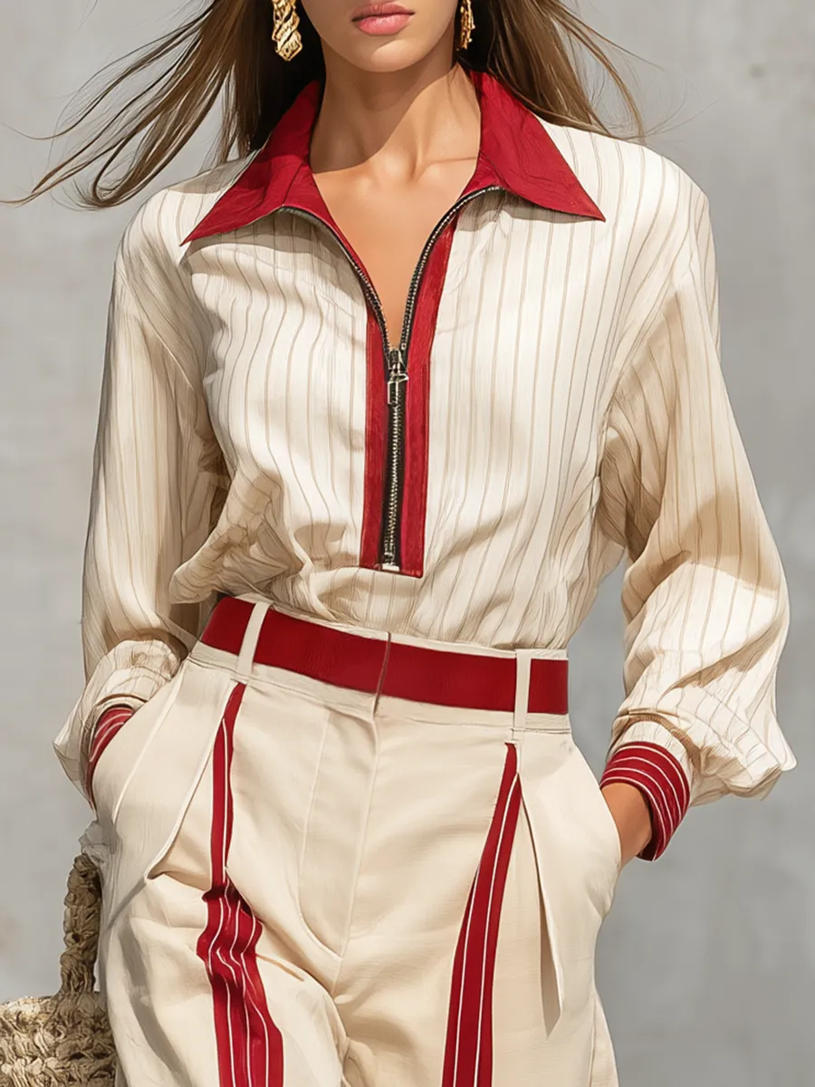 Vintage Charming Striped Shirt And Wide-leg Pants Set sold by Oyrosy product image thumbnail 3