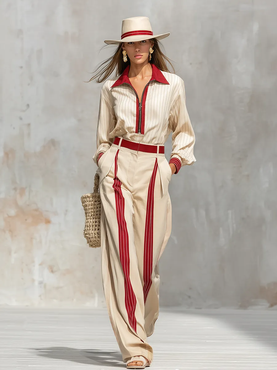 Vintage Charming Striped Shirt And Wide-leg Pants Set sold by Oyrosy product image thumbnail 2