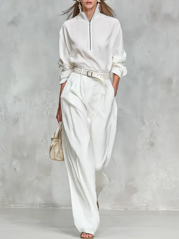Elegant High-quality Zip-up Collar Long-sleeved Shirt And Wide-leg Pants Set sold by Oyrosy