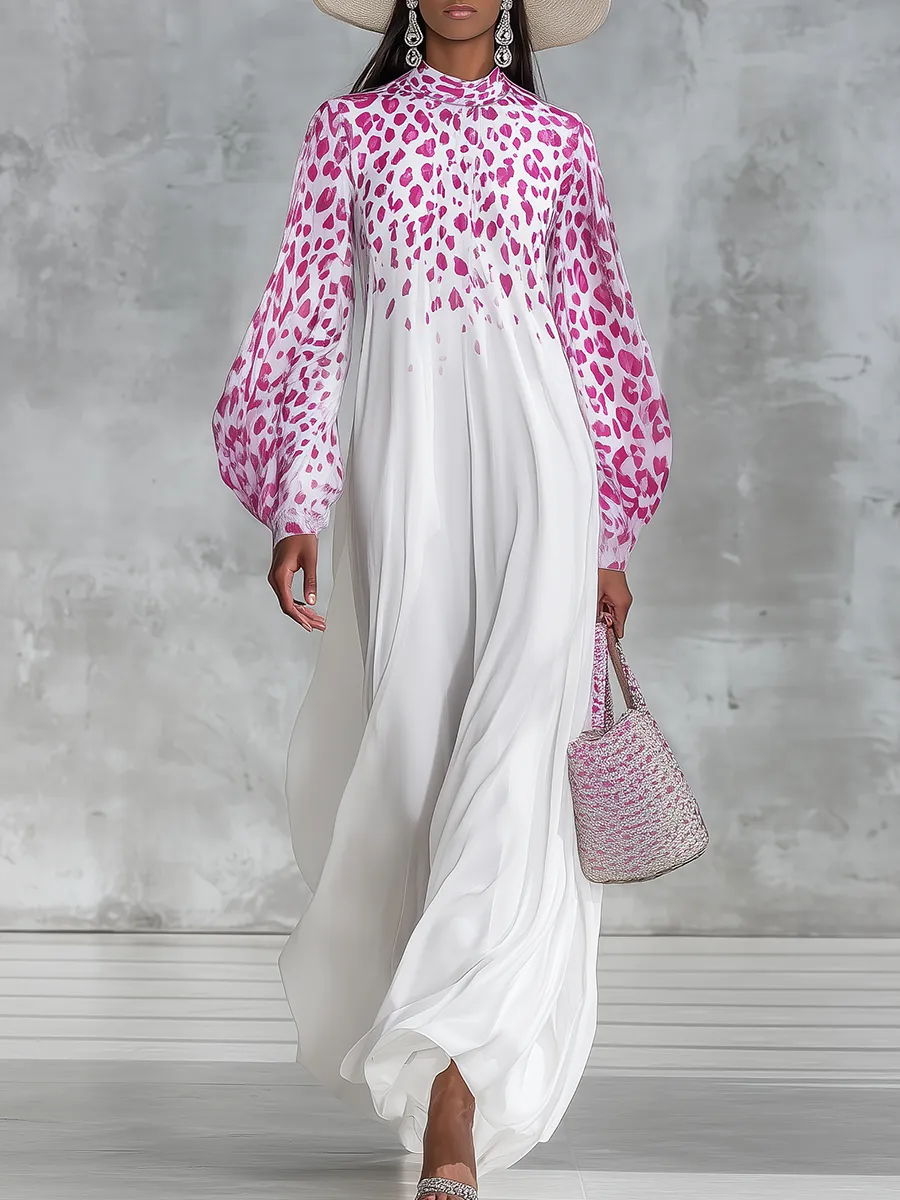 Vintage Charming Leopard Print Stand-collar Loose Chiffon Maxi Dress sold by Oyrosy