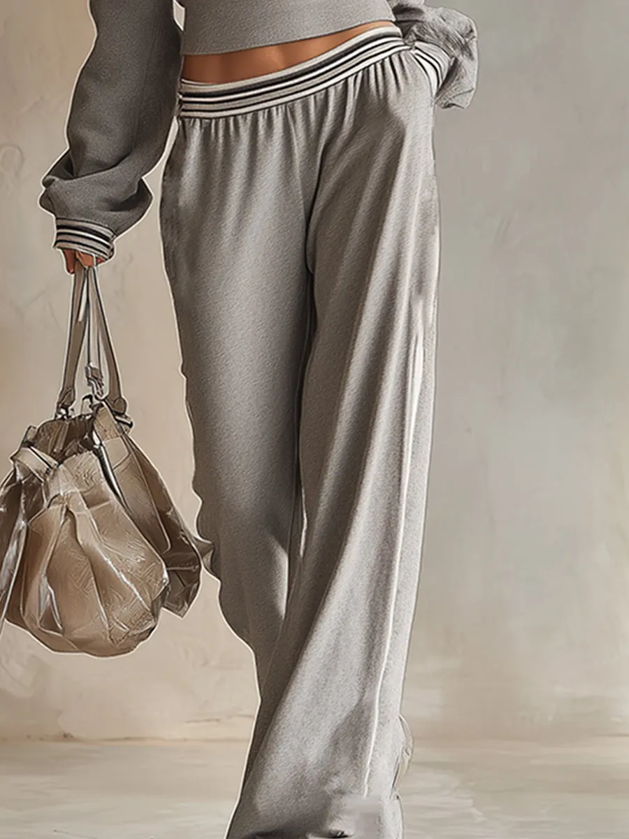 Trendy Retro Sporty Gray Off-shoulder Sweatshirt And Wide-leg Pants Set sold by Oyrosy product image thumbnail 4