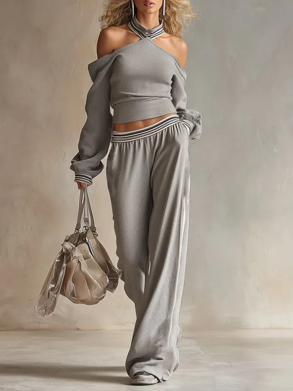 Trendy Retro Sporty Gray Off-shoulder Sweatshirt And Wide-leg Pants Set sold by Oyrosy