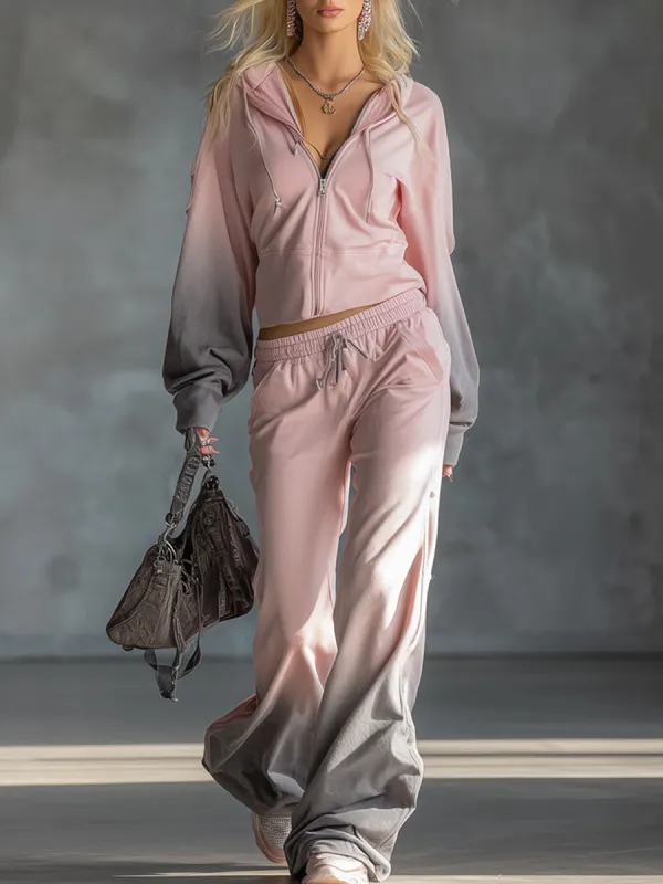 Trendy Sporty Pink Gradient Gray Hoodie And Wide-leg Pants Set sold by Oyrosy