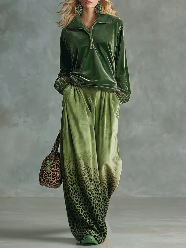 Trendy Retro Sporty Green Velvet Top And Leopard Print Wide-leg Pants Set sold by Oyrosy