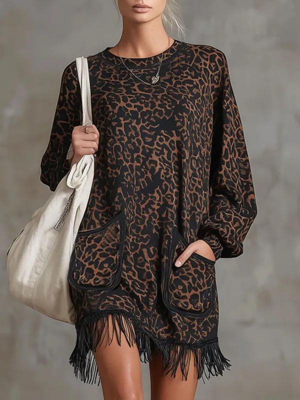Leopard Print Faux Suede Fringed Crew Neck Long-sleeved Mini Dress sold by Oyrosy