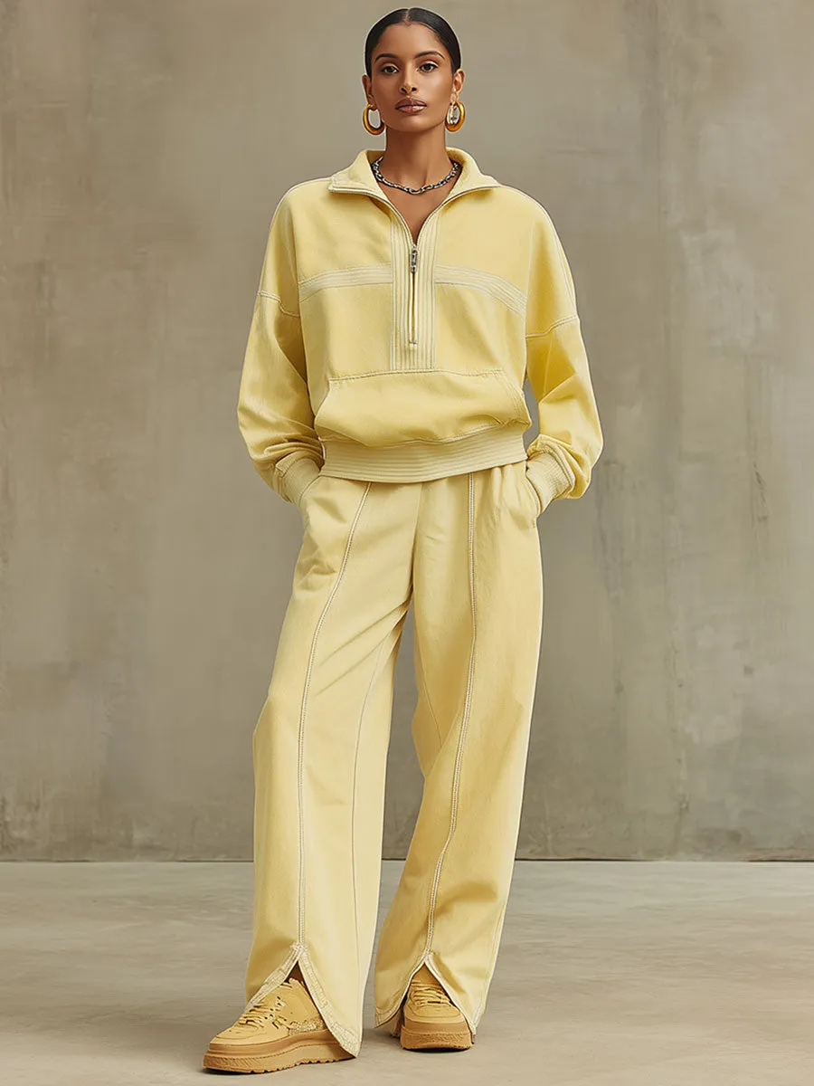 Casual Retro Pale Yellow Cotton Half-zip Sweatshirt And Split Wide-leg Pants Set sold by Oyrosy product image thumbnail 2