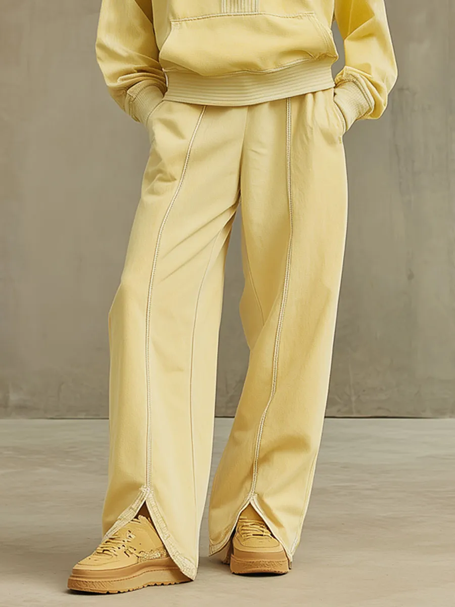 Casual Retro Pale Yellow Cotton Half-zip Sweatshirt And Split Wide-leg Pants Set sold by Oyrosy product image thumbnail 4