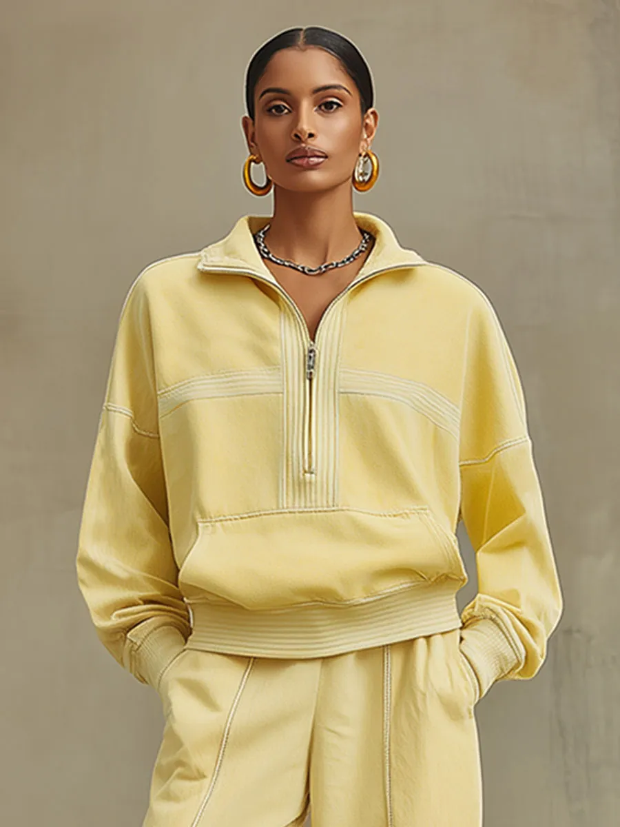 Casual Retro Pale Yellow Cotton Half-zip Sweatshirt And Split Wide-leg Pants Set sold by Oyrosy product image thumbnail 3