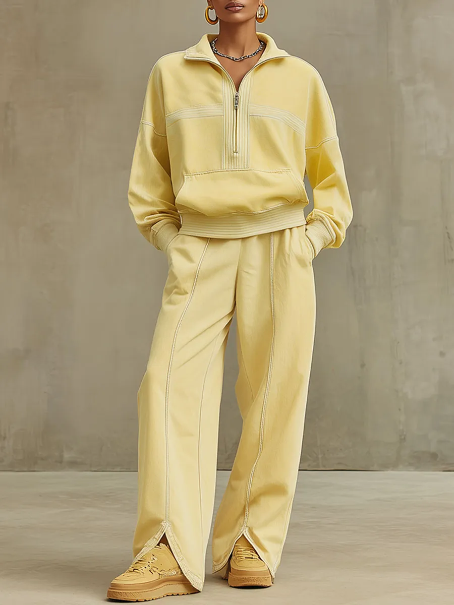 Casual Retro Pale Yellow Cotton Half-zip Sweatshirt And Split Wide-leg Pants Set sold by Oyrosy