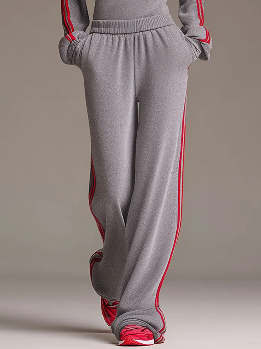 Casual Sporty Retro Red Ribbon Half-Zip Sweatshirt And Wide-Leg Pants Set sold by Oyrosy product image thumbnail 4