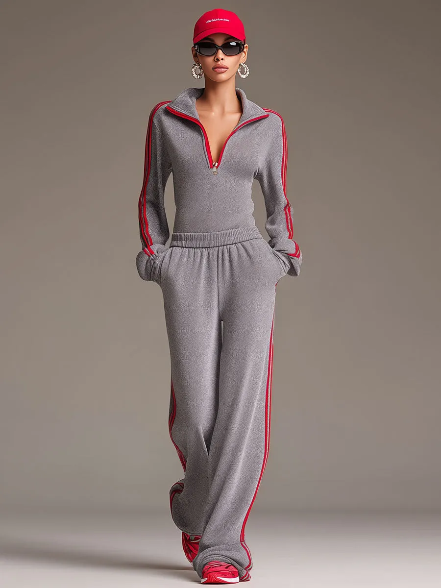 Casual Sporty Retro Red Ribbon Half-Zip Sweatshirt And Wide-Leg Pants Set sold by Oyrosy product image thumbnail 2