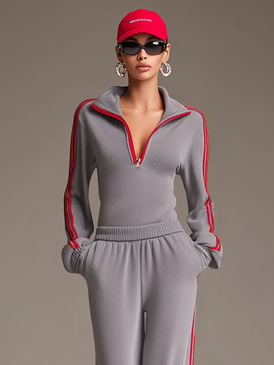 Casual Sporty Retro Red Ribbon Half-Zip Sweatshirt And Wide-Leg Pants Set sold by Oyrosy product image thumbnail 3
