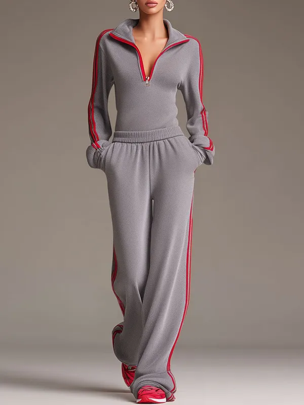 Casual Sporty Retro Red Ribbon Half-Zip Sweatshirt And Wide-Leg Pants Set sold by Oyrosy