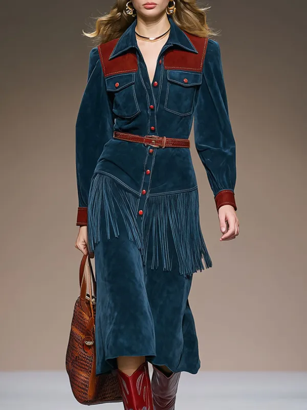 Western Retro Red And Blue Faux Suede Color Block Tassel Long-Sleeved Midi Dress sold by Oyrosy