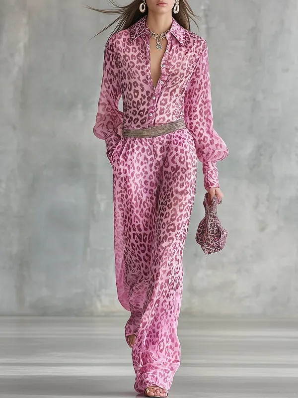 Stylish Vintage Leopard Print Chiffon Shirt And Wide-leg Pants Set made by Oyrosy