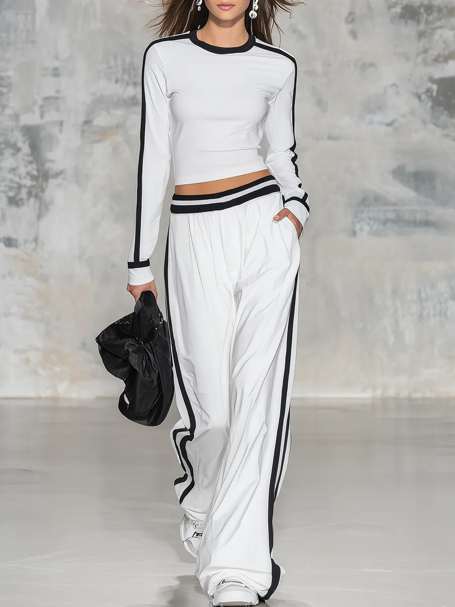 Retro Classic Sporty Color-blocked T-shirt And Wide-leg Pants Set sold by Oyrosy