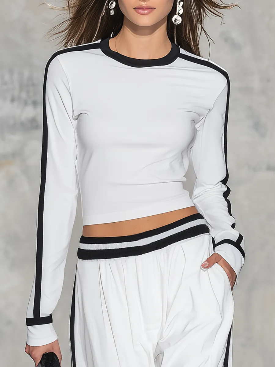 Retro Classic Sporty Color-blocked T-shirt And Wide-leg Pants Set sold by Oyrosy product image thumbnail 3