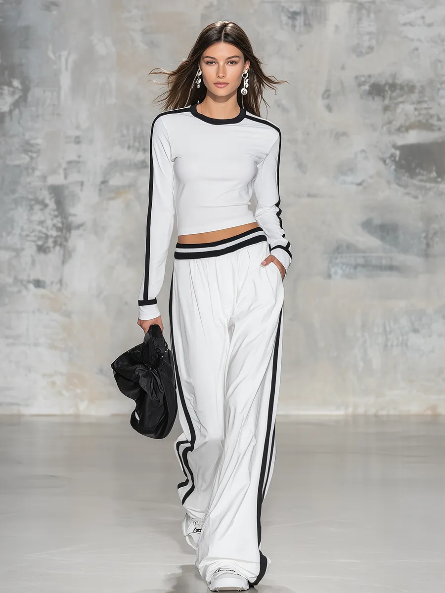 Retro Classic Sporty Color-blocked T-shirt And Wide-leg Pants Set sold by Oyrosy product image thumbnail 2