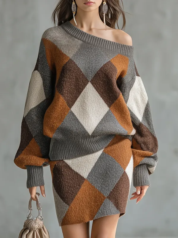 Charm Retro-style Elegant Color-blocked Diamond-patterned Knitted Top And Skirt Set sold by Oyrosy