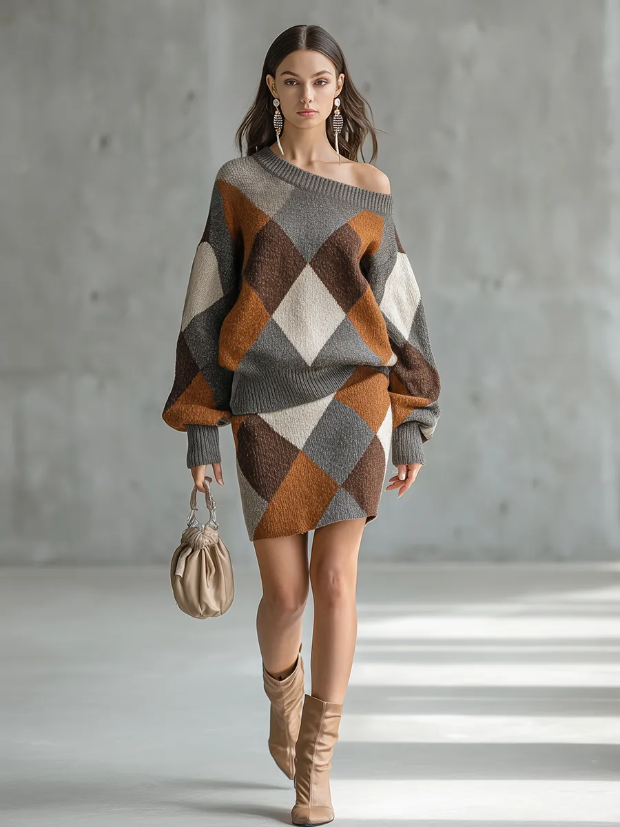 Charm Retro-style Elegant Color-blocked Diamond-patterned Knitted Top And Skirt Set sold by Oyrosy product image thumbnail 2