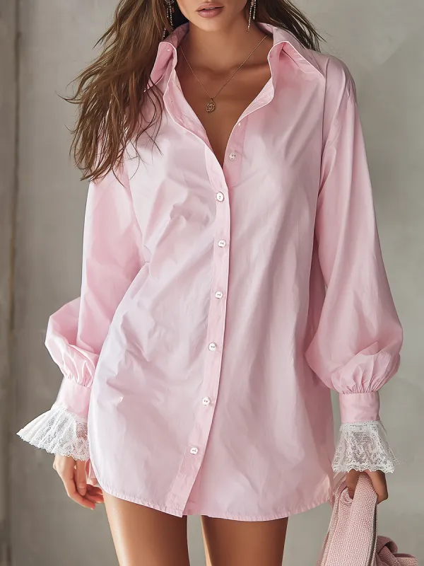 Elegant Lapel Lace-trimmed Cuffs Shirt Dress sold by Oyrosy