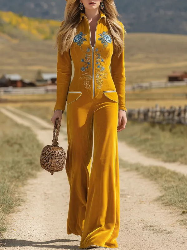 Western-style Vintage Embroidered Yellow Velvet Jumpsuit sold by Oyrosy