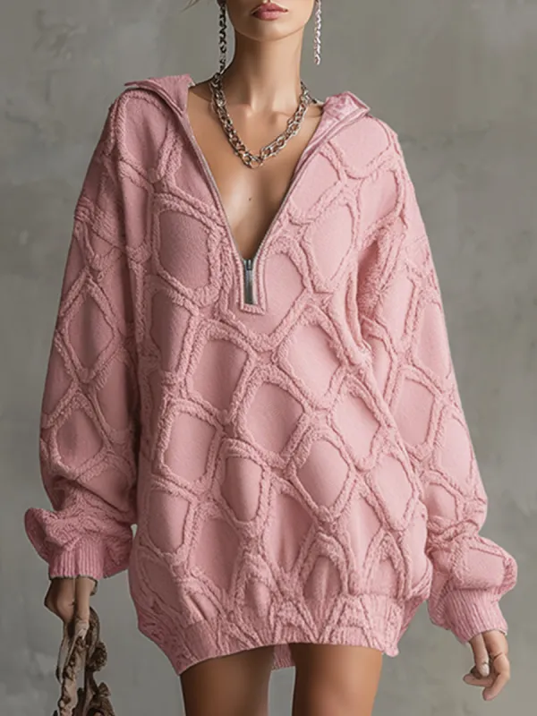 Trendy Loose-fitting Pink Denim Diamond-patterned Frayed Mini Dress sold by Oyrosy