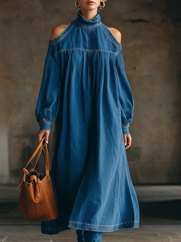 Chic Urban Silhouette Blue Denim Off-shoulder Long-sleeved Maxi Dress sold by Oyrosy