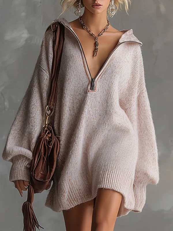 Chic Silhouette Variegated Peach Pink Lapel Half-zip Knit Mini Dress sold by Oyrosy