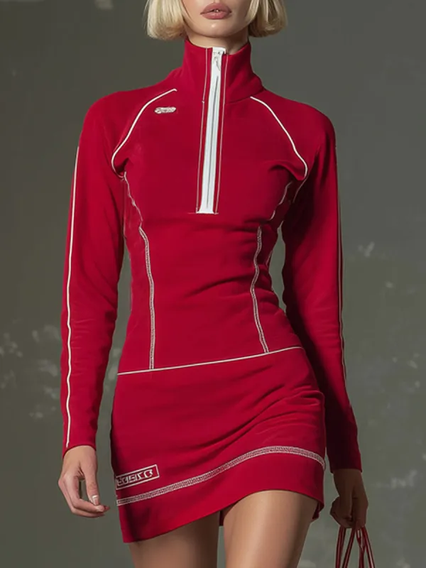 Sporty Stand Collar Zip-up Contrasting Trim Long-sleeved Mini Dress sold by Oyrosy